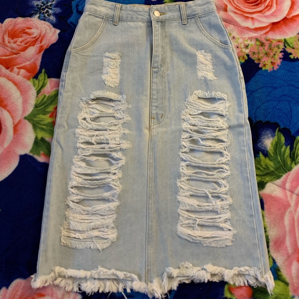 Beautiful Distressed Denim Skirt. Size small